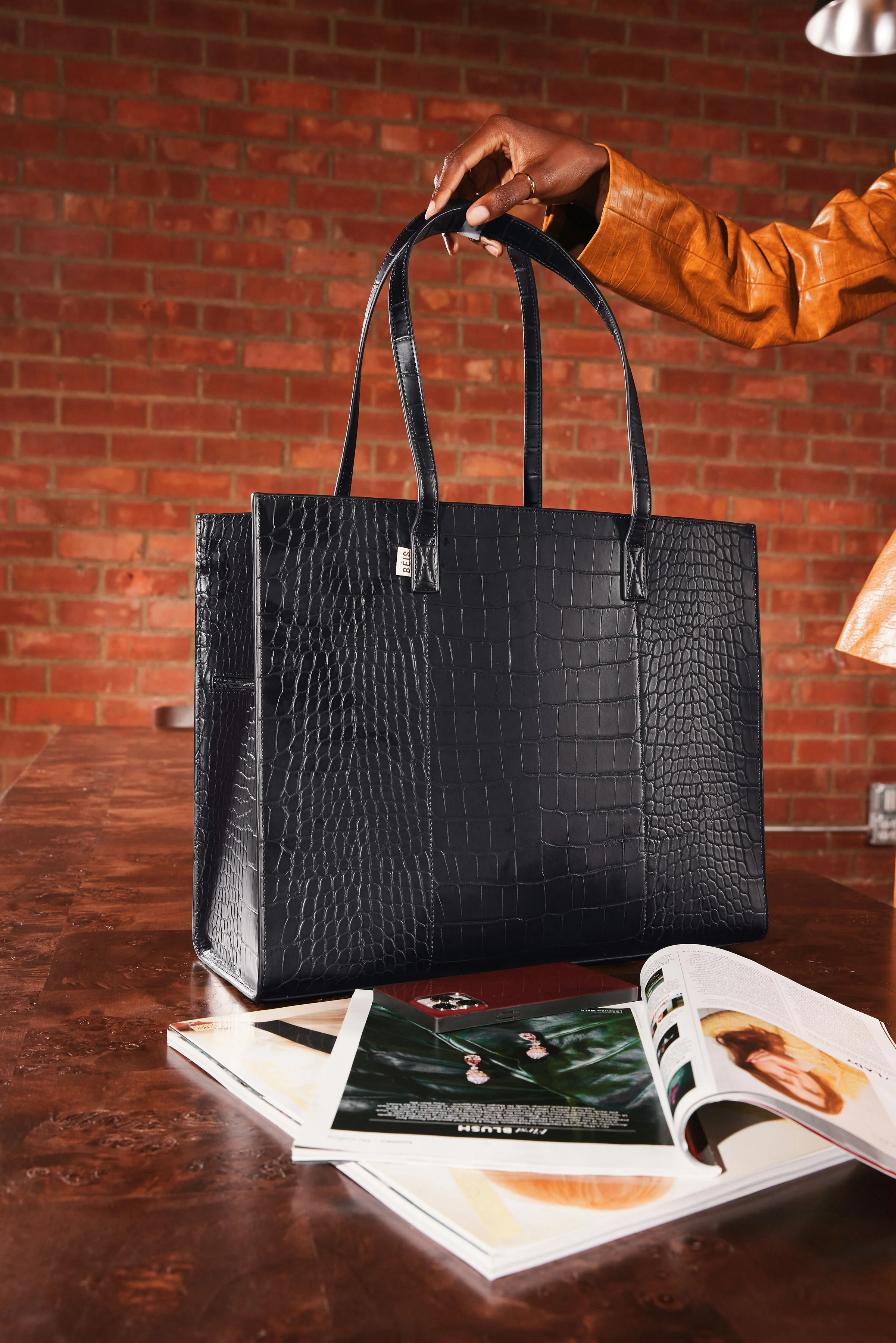 The Large Work Tote in Black Croc - Image 12